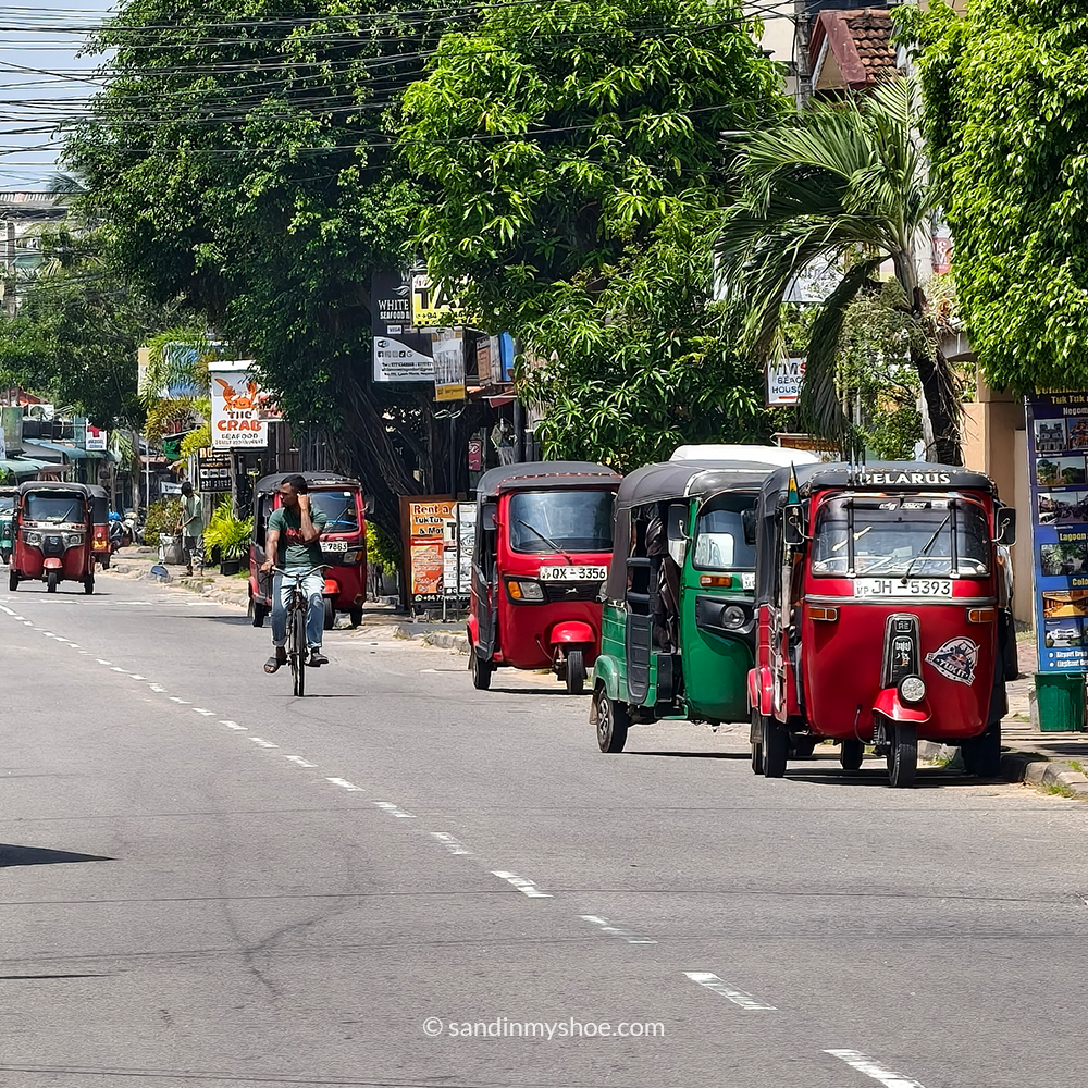 Five colorful tuk tuks parked in Negombo, the perfect launch point for any Sri Lanka tuk tuk route or itinerary.
