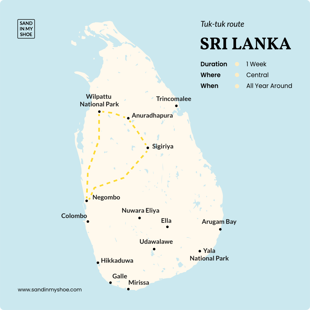Illustrated 1-week Sri Lanka tuk tuk itinerary through the cultural triangle and hill country.