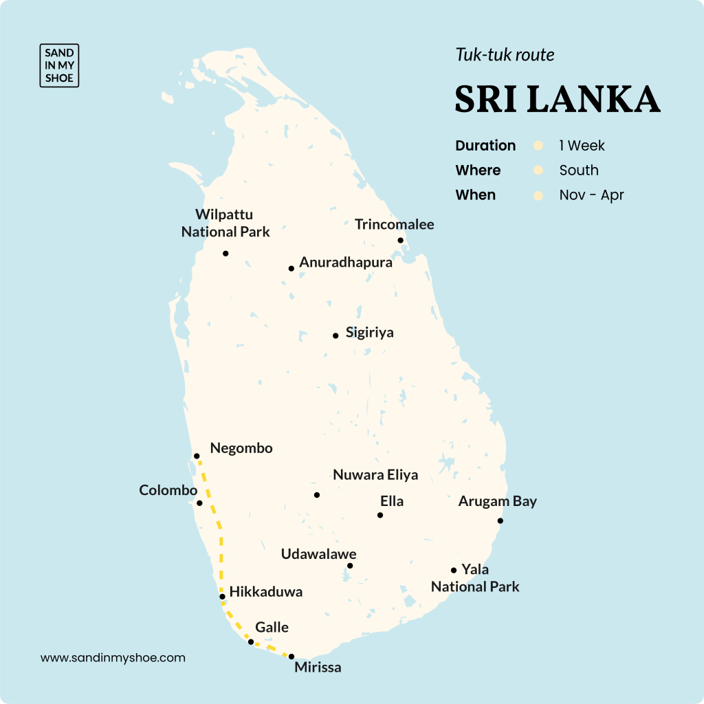 A 1-week tuk tuk route along the south coast of Sri Lanka, ideal for a compact tropical itinerary.