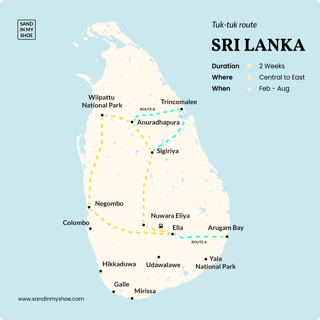 Detailed 2-week Sri Lanka tuk tuk itinerary covering the central highlands and relaxed east coast beaches.