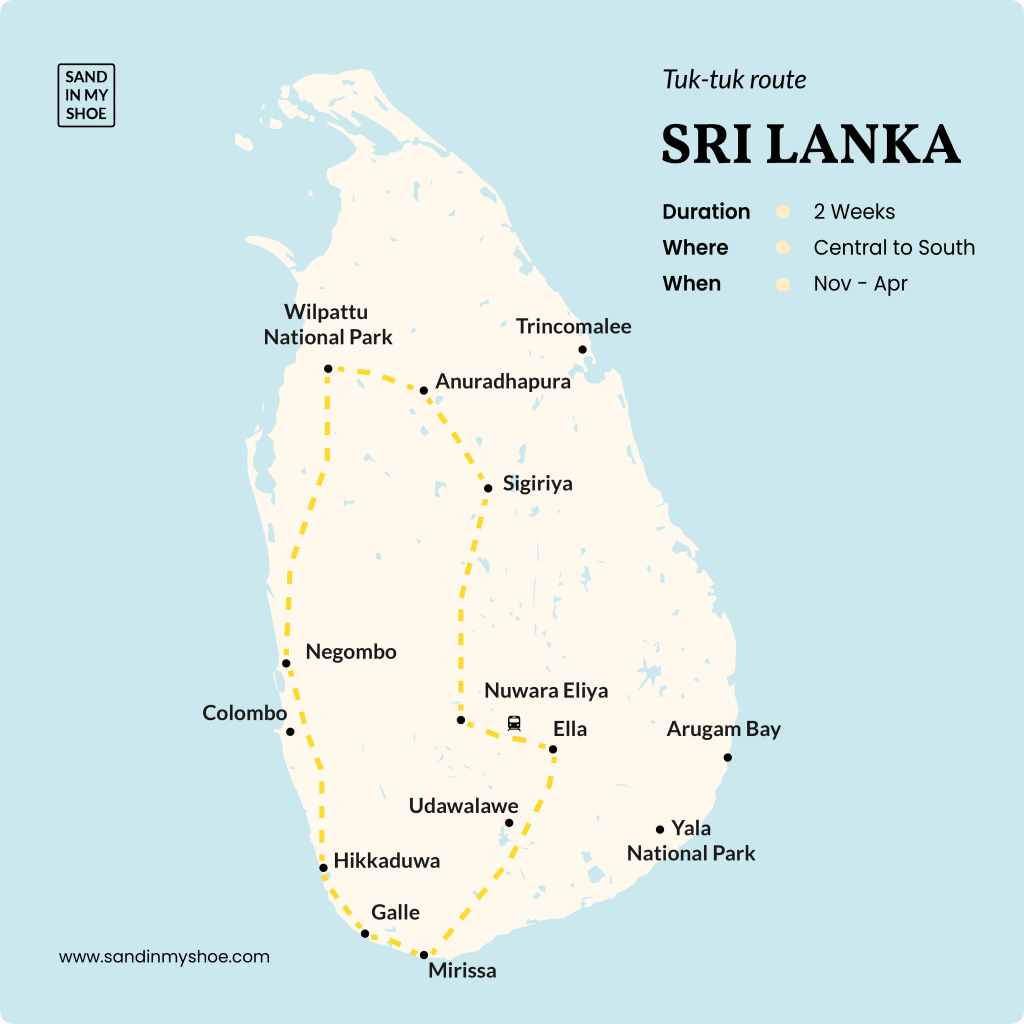 Map showing a 2-week Sri Lanka tuk tuk route blending hill country and southern coastline highlights.