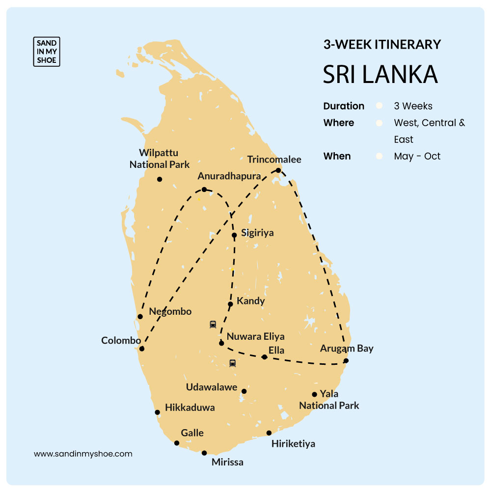 A map showing a 3‑week Sri Lanka itinerary for the east‑coast travel season between May and October, with the route highlighted across key stops.
