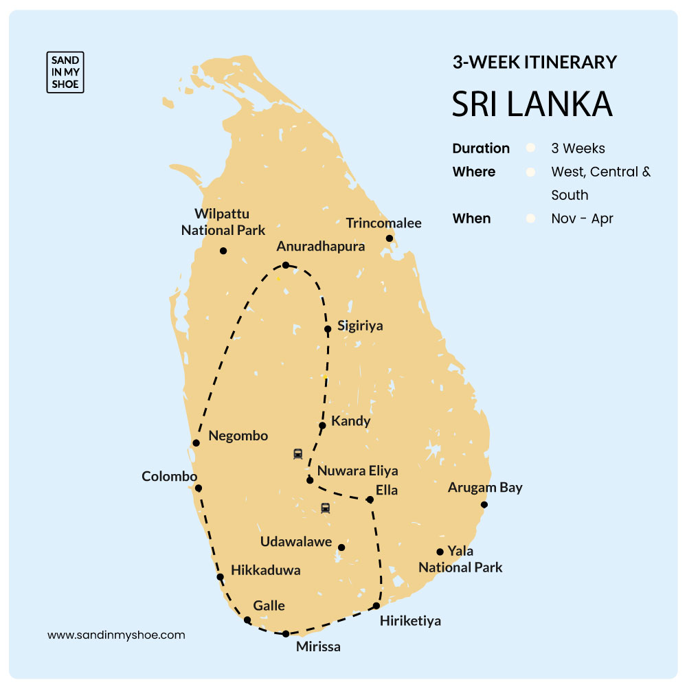 A map showing a 3‑week Sri Lanka itinerary designed for the November–April travel season, with the route marked across major destinations.