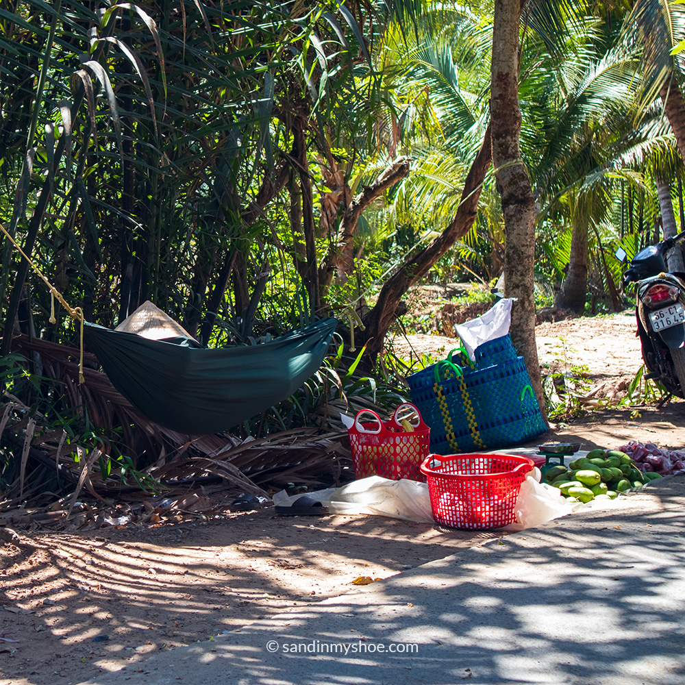 Farmer napping between sales of fruit in Ben Tre, Mekong Delta, Vietnam
