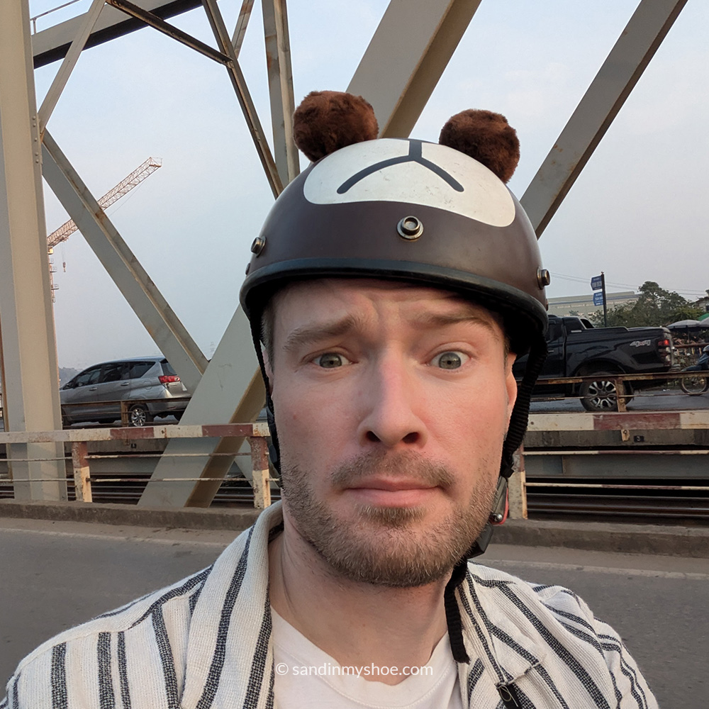 Petteri with a teddy bear helmet