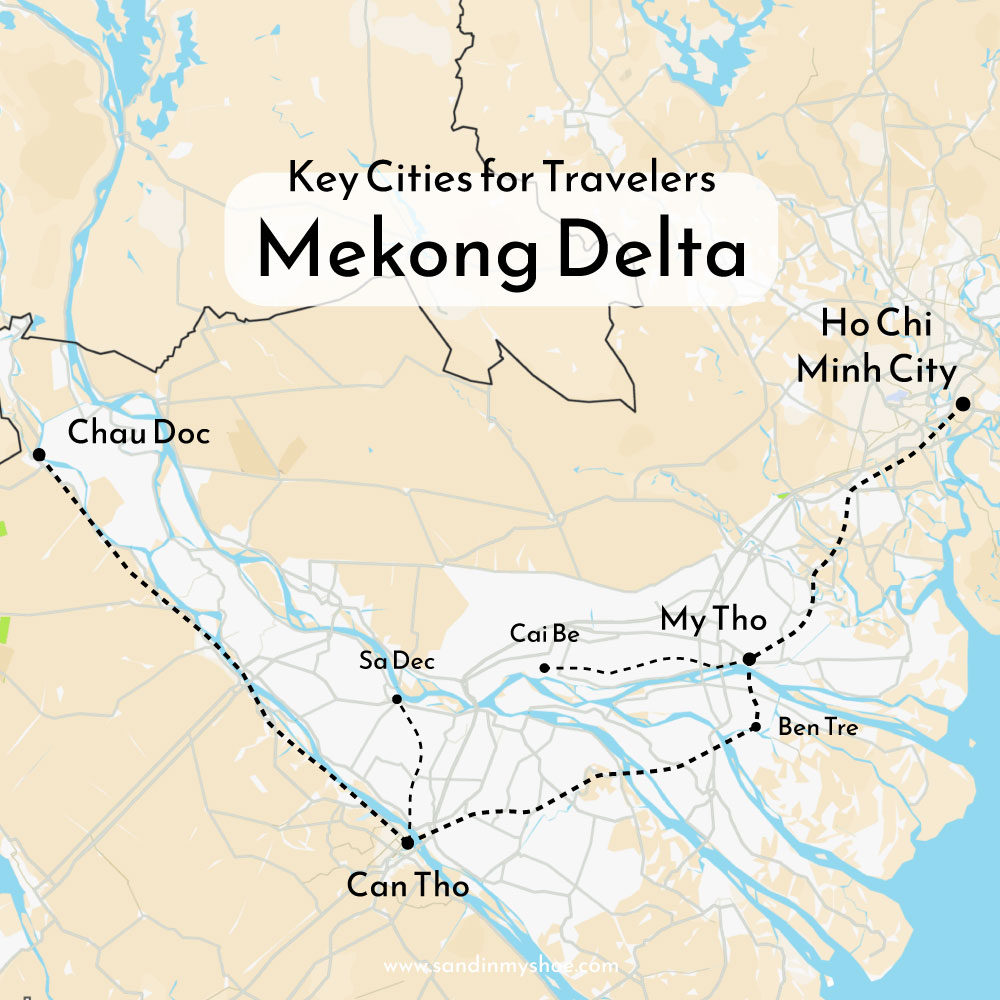Map of the Mekong Delta in Vietnam, showing key cities for travelers.