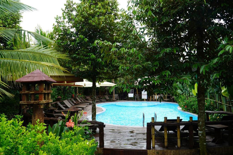 Outdoor pool surrounded by trees and plants at Bamboo Eco Village, with seating and greenery around the water.