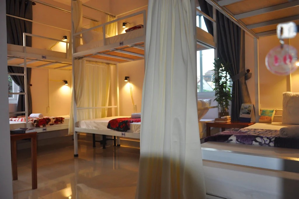 Bunkbeds in a dorm room in Bon Ami Hostel, Huế, Vietnam