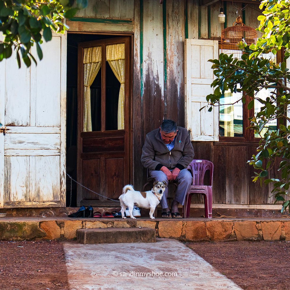 A man sitting in front of his house, beside a small dog.