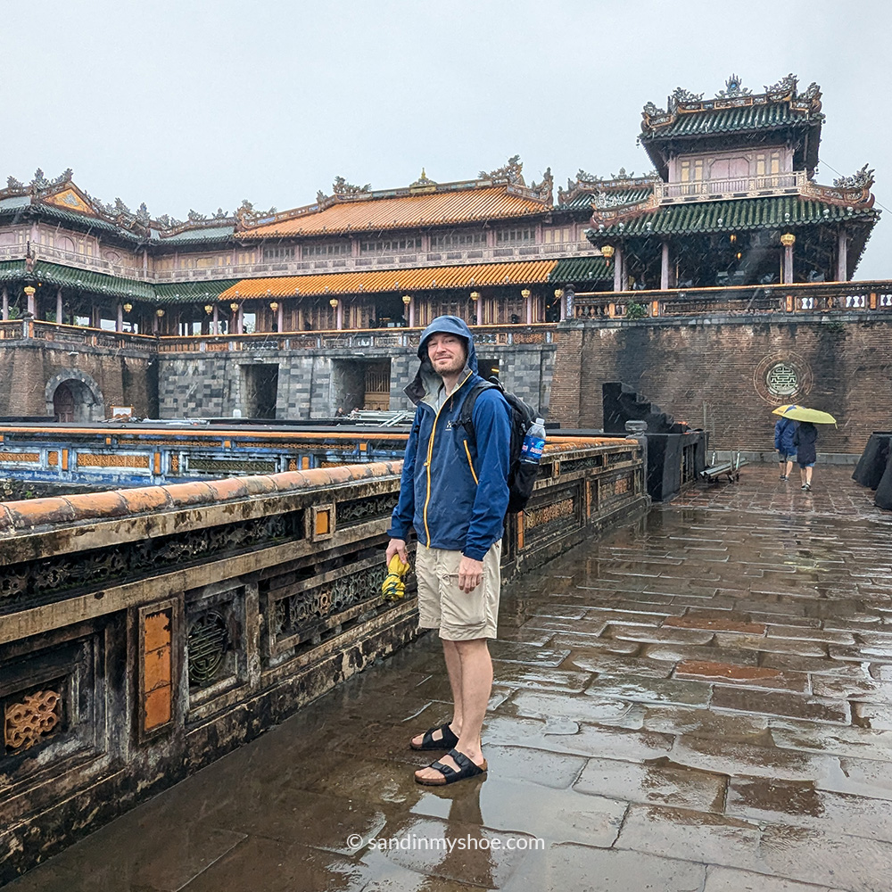 Petteri visiting the imperial city during rain in Hue, Vietnam.