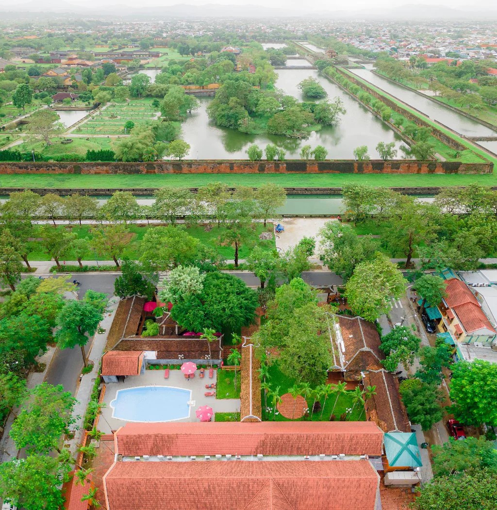 Aerial view of Spatel d’Annam Hotel, considered the best hotel in Hue for staying next to the Forbidden City.