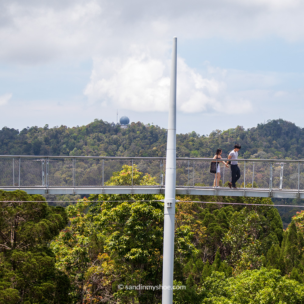 Couple walking along the Curtis Crest canopy walkway at The Habitat, with panoramic views and open sky.