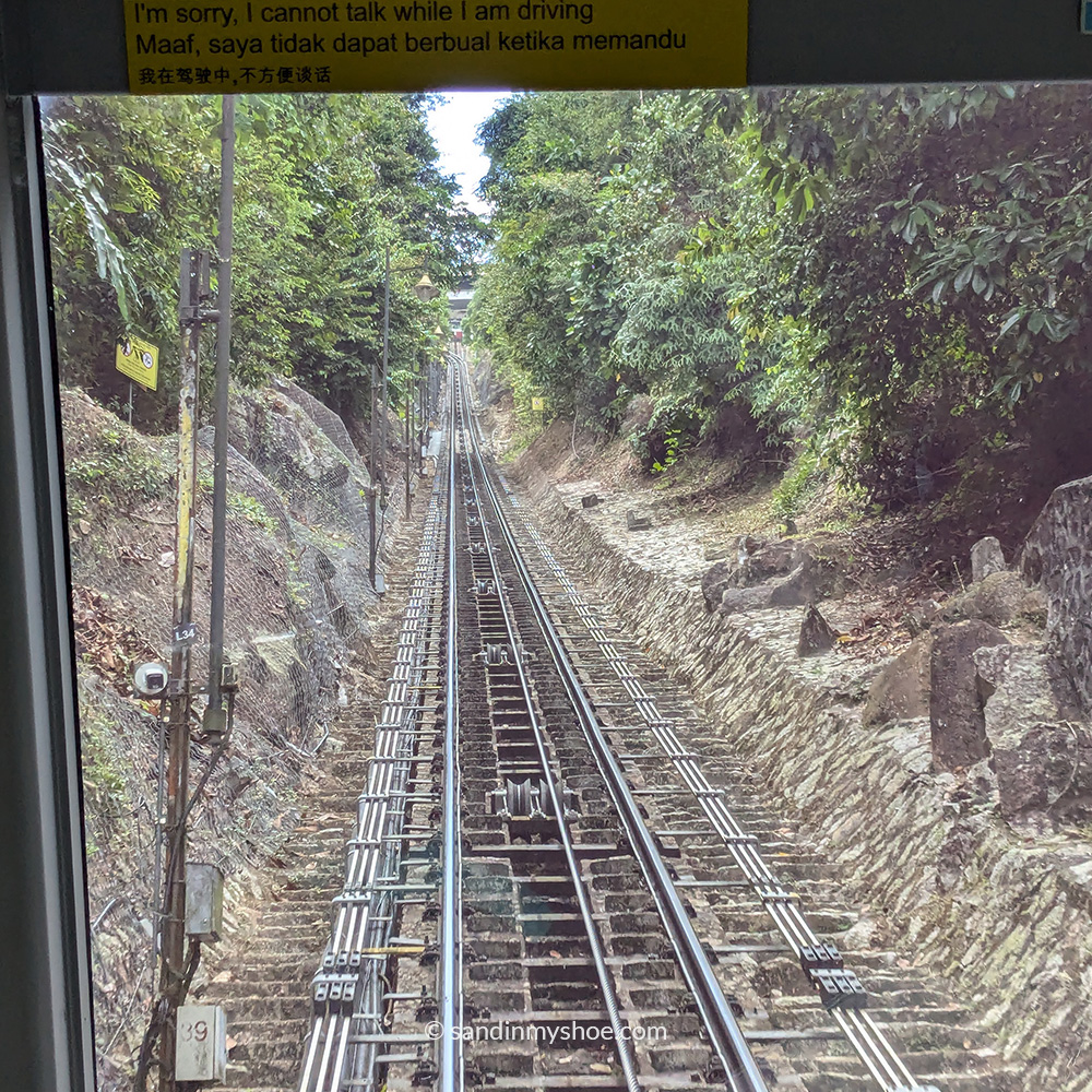 Funicular railway on Penang Hill showing the steep incline, including the world’s steepest funicular tunnel section.