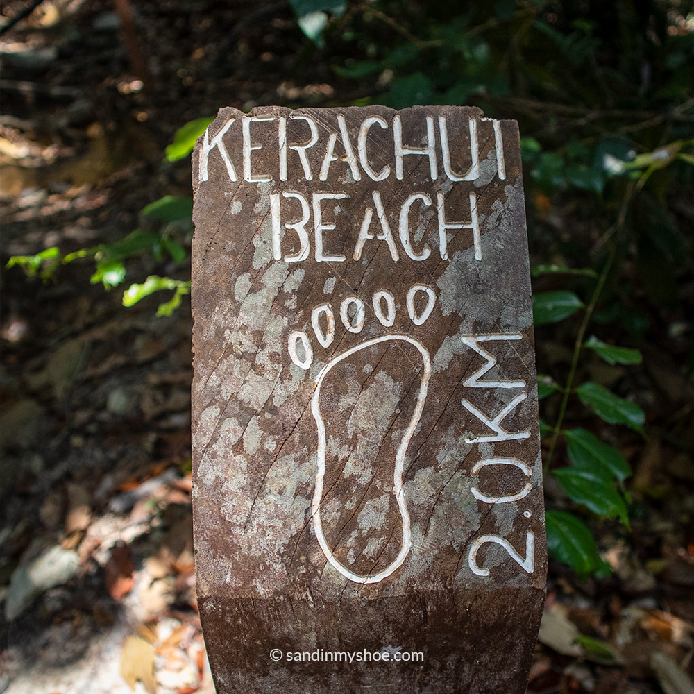A trail sign showing 2 km remaining to Turtle Beach in Penang National Park