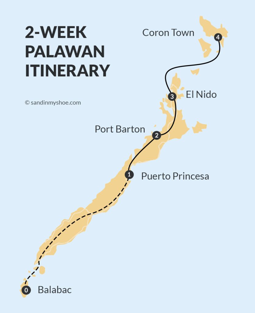 Map of a 2-week palawan itinerary.