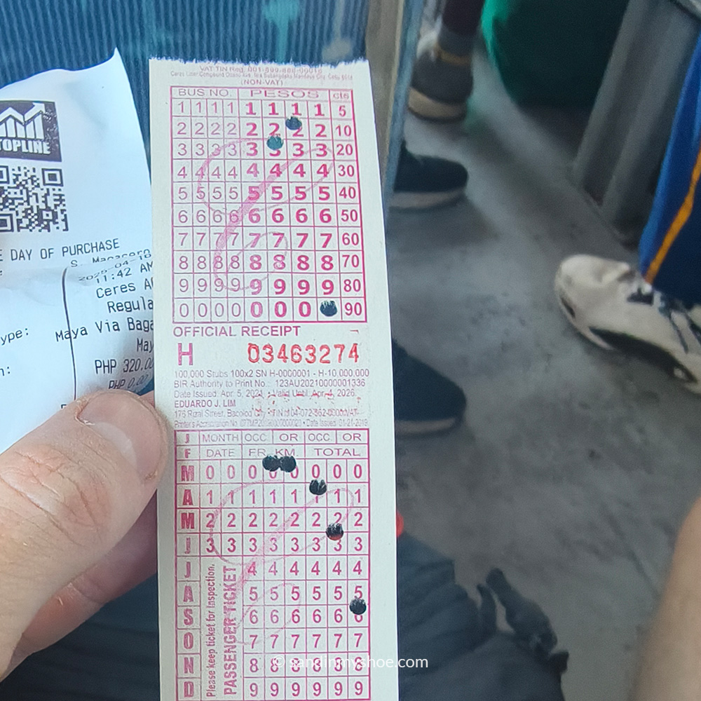 Bus ticket from Cebu City to Maya Port.