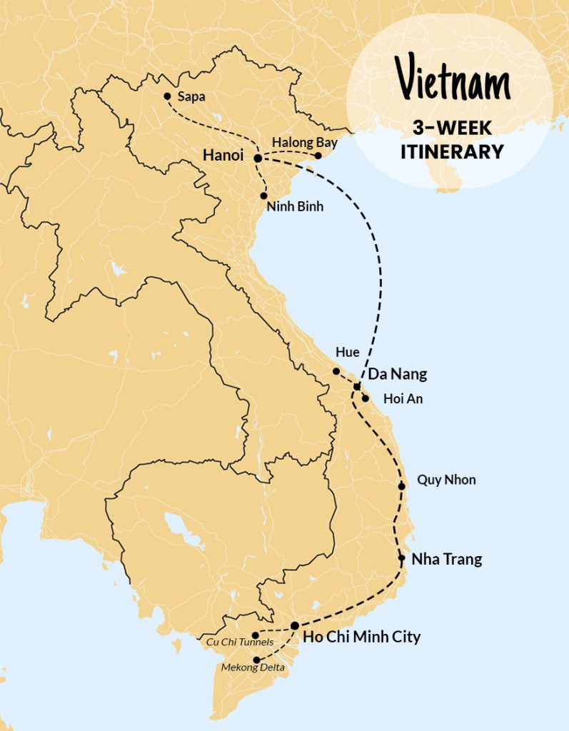 Map showing a 3‑week travel itinerary through Vietnam, highlighting major stops from south to north, including Hanoi, Ha Long Bay, Ninh Binh, Sapa, Huế, Da Nang, Hoi An, Quy Nhon, Nha Trang, Ho Chi Minh City and the Mekong Delta.