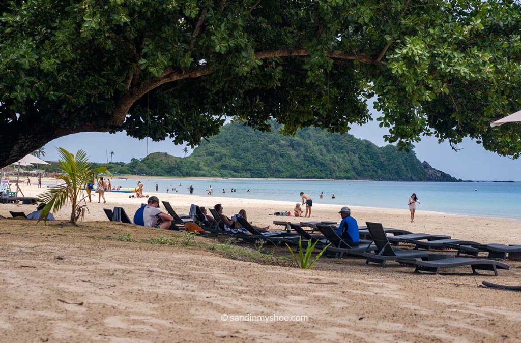 Nacpan Beach, large trees giving shade to tourists.