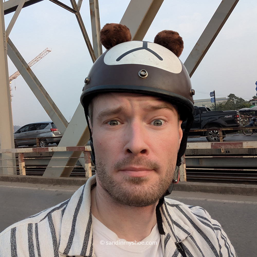Petteri with a teddybear helmet.