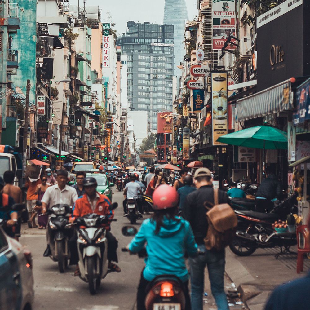 Busy street full of motorbikes in Ho Chi Minh City, Vietnam.