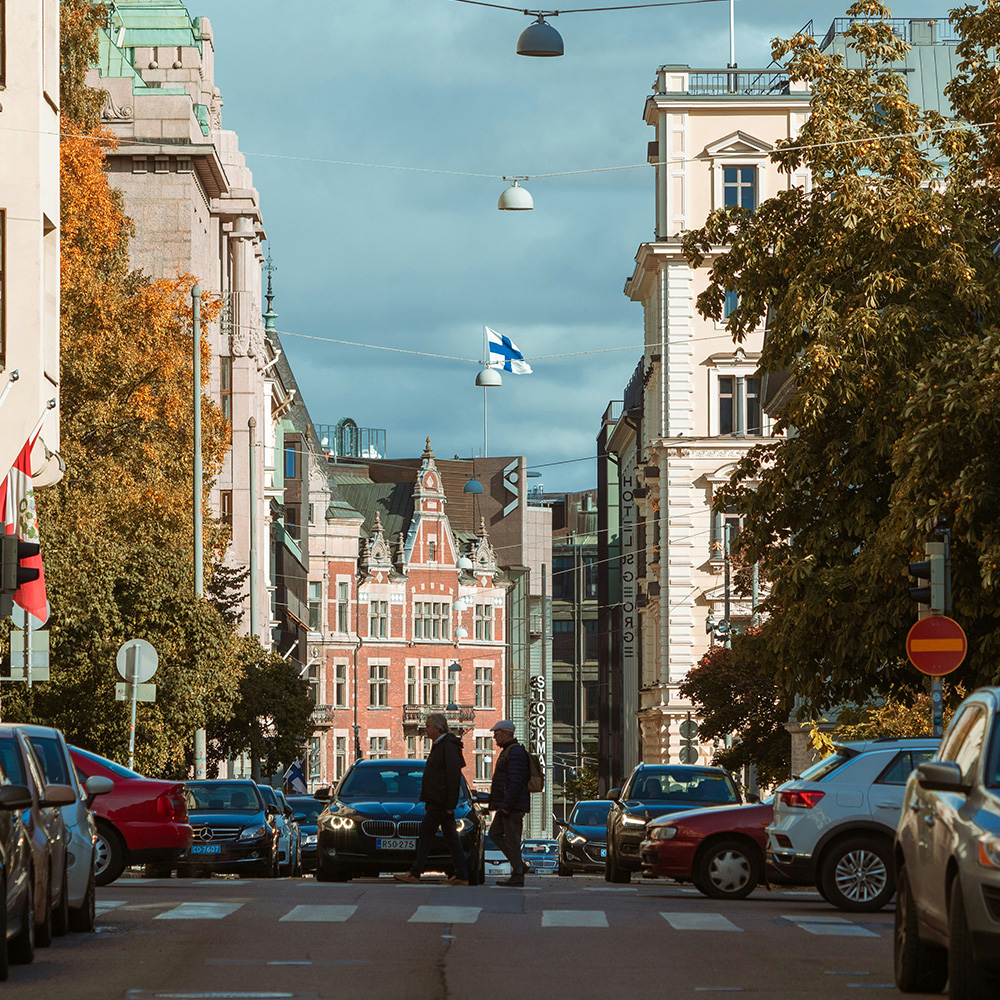 Street in Helsinki near Stockmann on a spring day.
