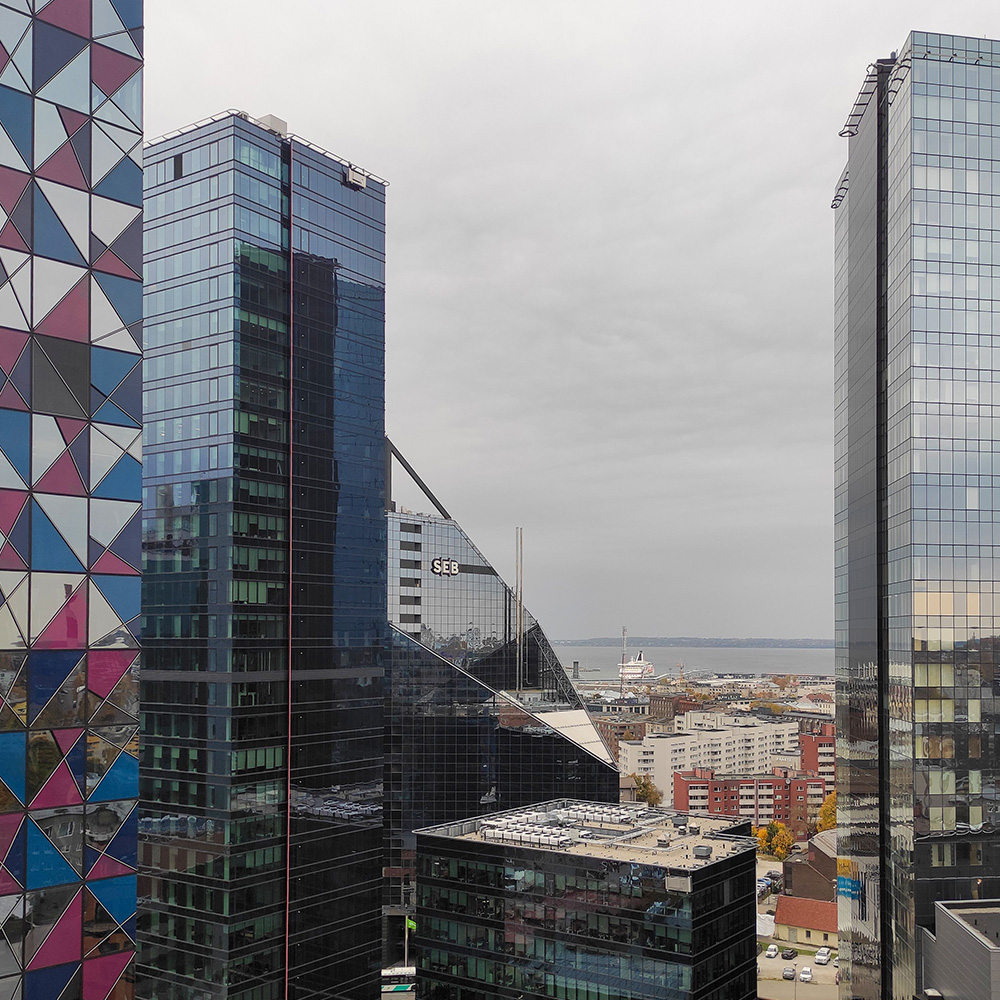City center with high-rise buildings and the port. 