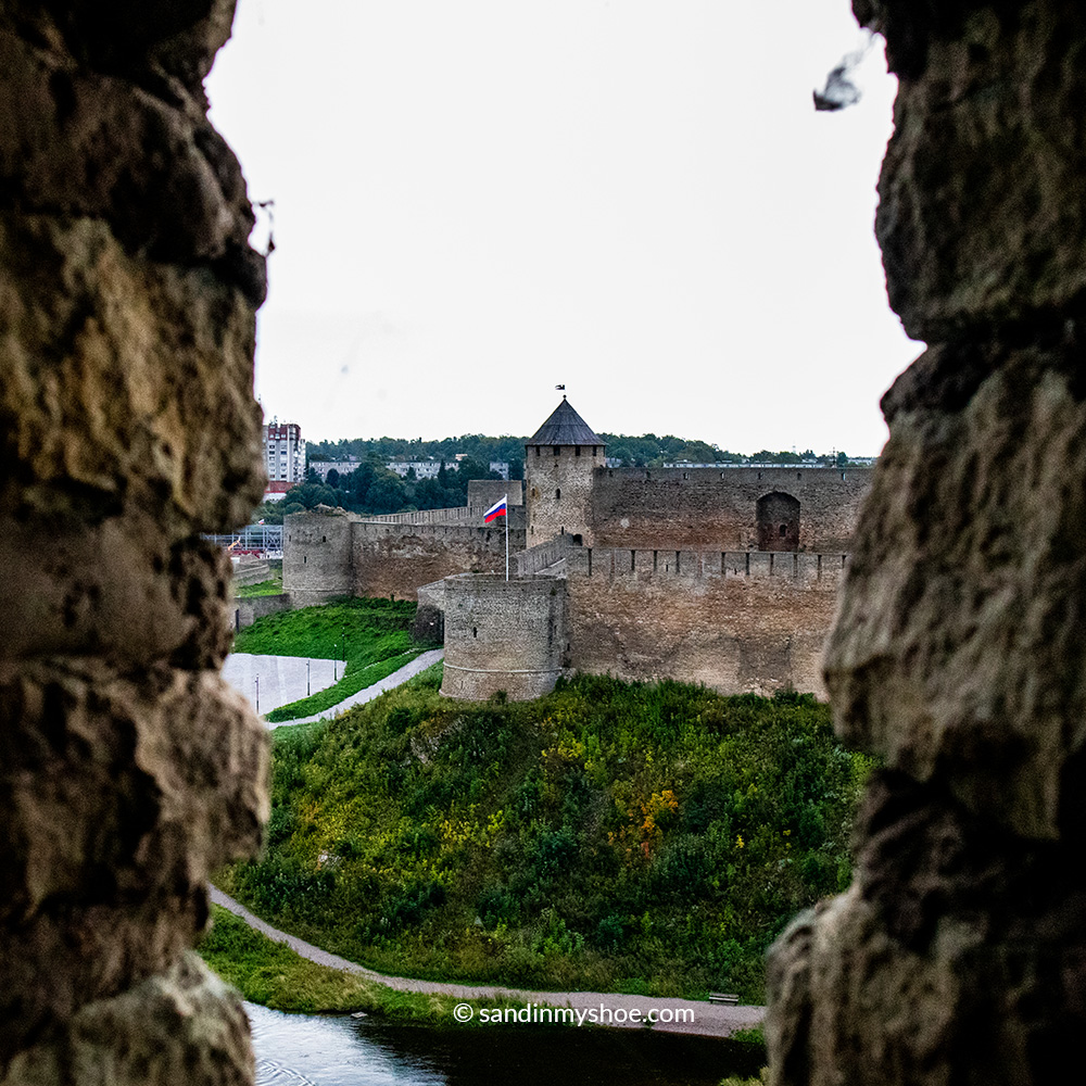 Ivangorod Castle seen from the top in Narva Castle through