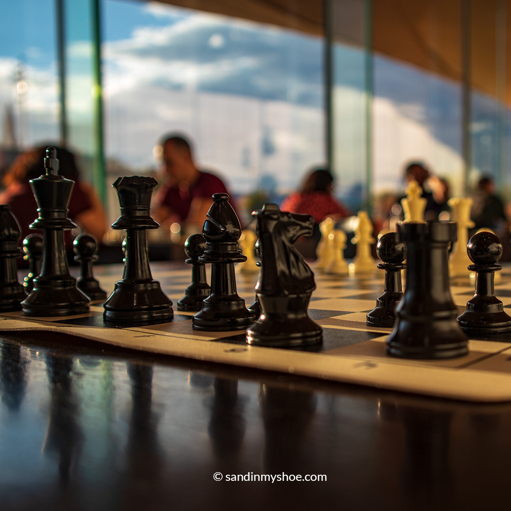 Chess played on the ground floor in Oodi library.