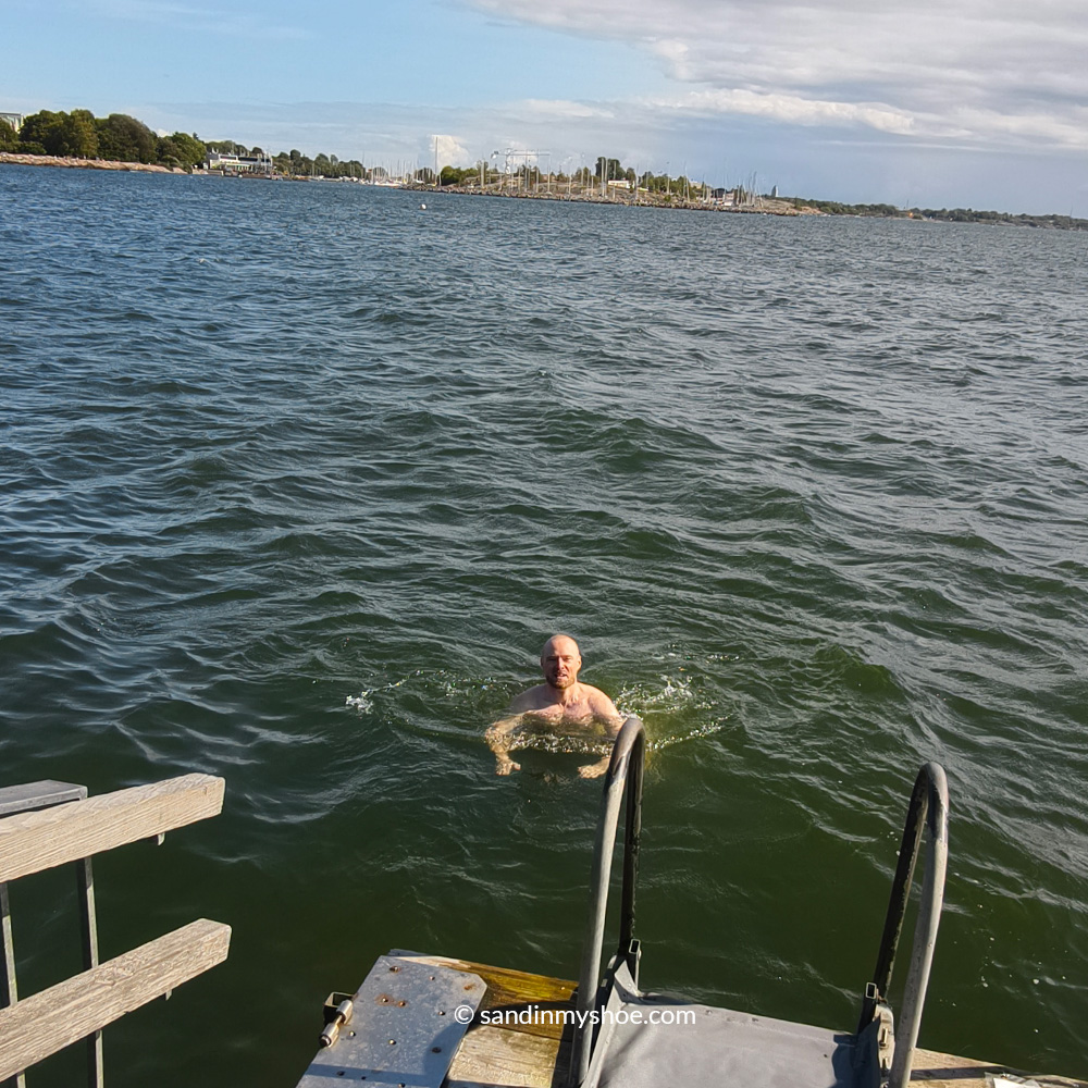 Petteri swimming in the Baltic Sea between sauna sessions.