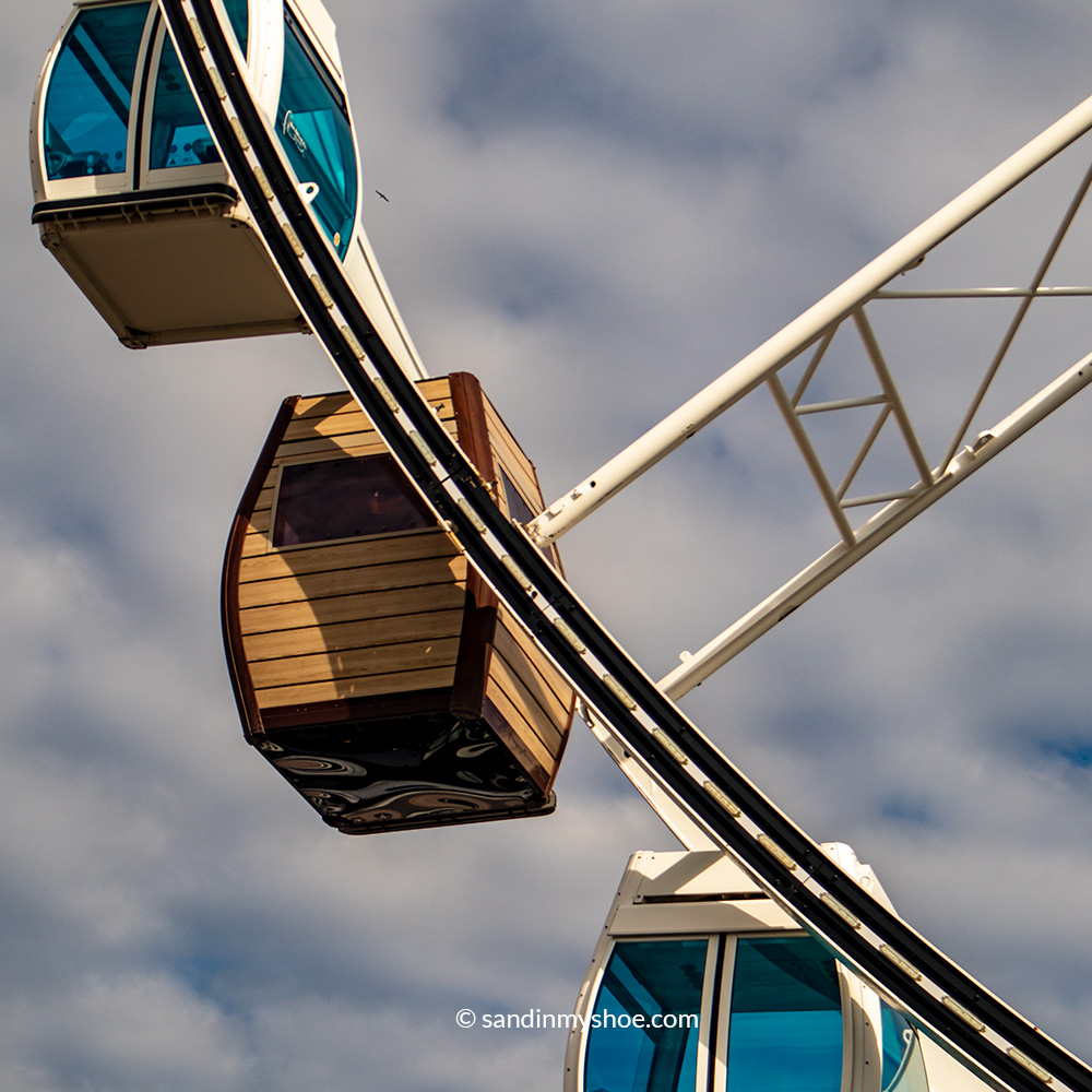 Close-up of the sauna cabin on SkyWheel Helsinki, the only Ferris wheel sauna of its kind in the city.