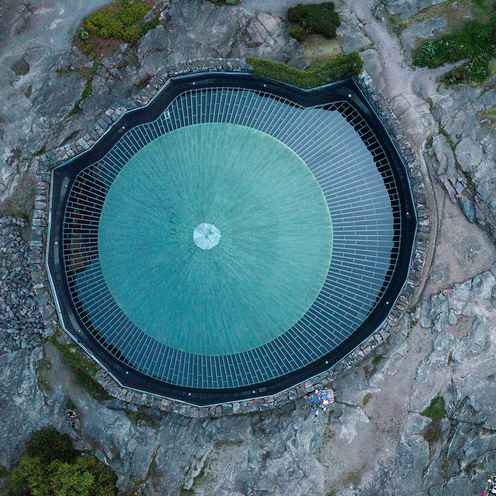 Temppeliaukio Church shot from above, showcasing it's glas roof.