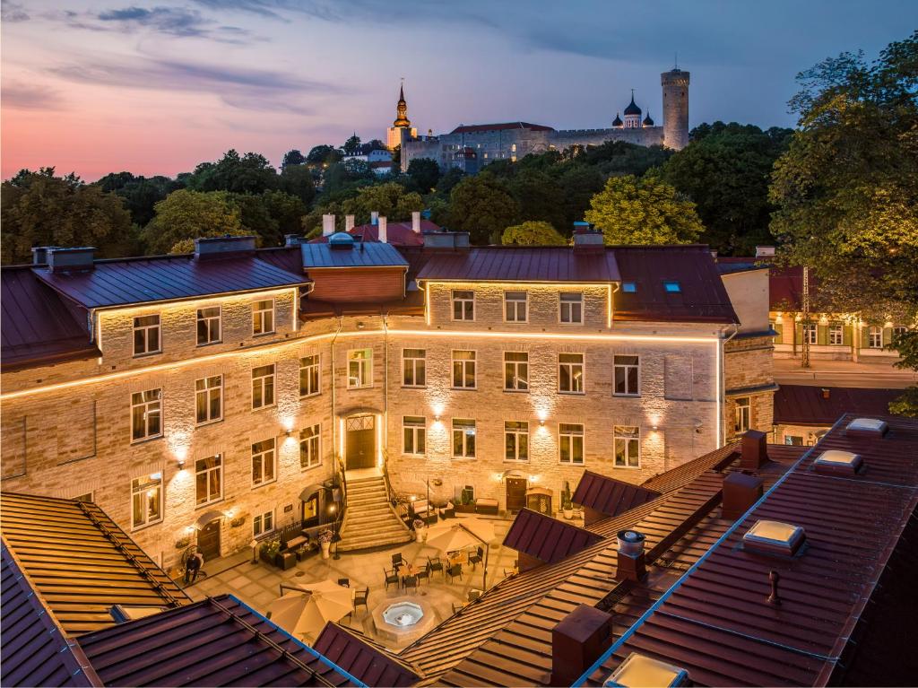 The patio at Von Stackelberg Hotel, one of my recommended options for where to stay in Tallinn.