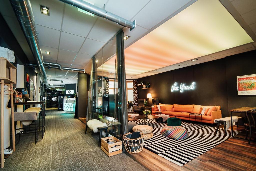 Common room at Yard Hostel in Helsinki.